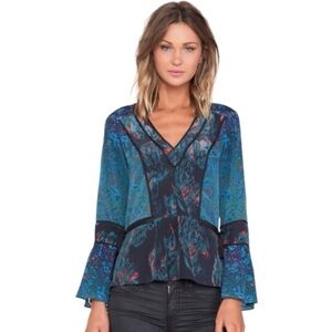 Marchesa Voyage Silk Blue Feather Print Bell Sleeve Blouse